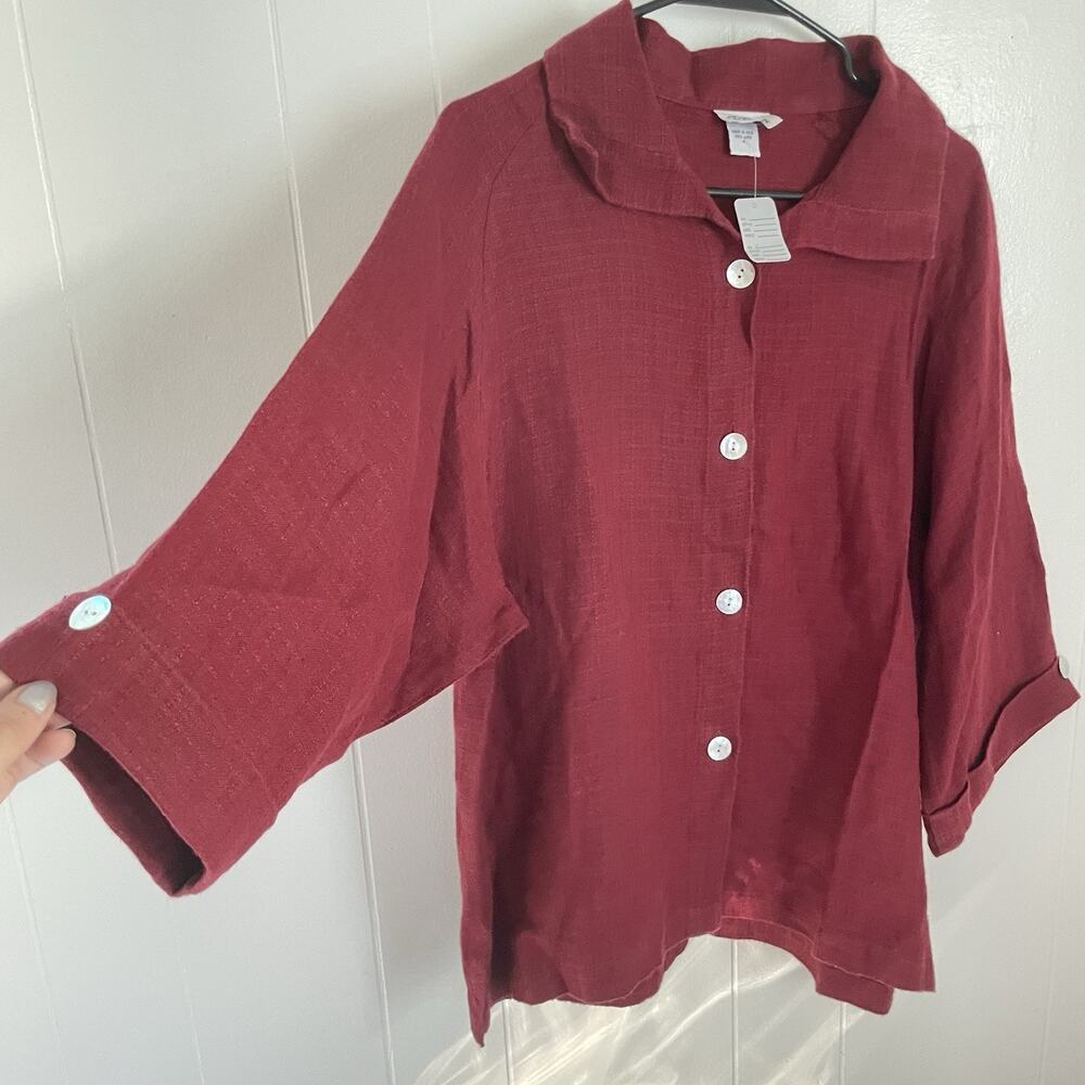 TooFan Womens 100% Linen Top Size M Button Down Red‎ Boxy Lagenlook Relaxed Fit - Picture 7 of 9